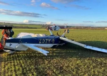 Plane crashes into field near Cardiff Airport and flips onto roof after ‘running out of fuel’