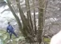 Moment man attempts to flee from police across river before having second thoughts